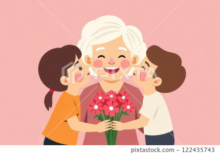 The grandchildren hug their grandmother and bouquet flowers. Women's, Mother's and grandma's day. 122435743