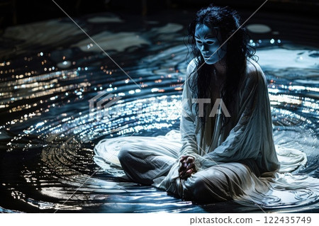 Graceful woman in white dress sits in the middle of the lake with water ripples around her 122435749