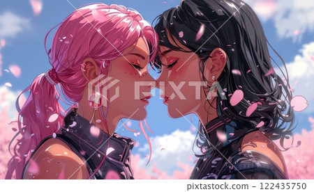 Two young women in love, pink and black hair, soft pink background 122435750