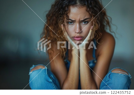 Portrait of a woman with a serious expression, looking at the camera with chin on hands. Portrait of a woman with a serious expression, looking at the camera with chin on hands. 122435752