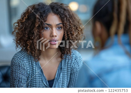 Curious woman with curly hair listening to friend during cozy conversation on couch. 122435753