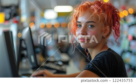 Focused redhead woman working diligently on her computer in a modern office setting 122435755