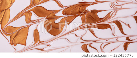 Abstract fluid art background bronze and white colors. Acrylic painting on canvas with swirl brown ornate and gradient. 122435773