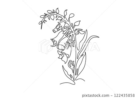 Continuous one line drawing beauty fresh digitalis purpurea for home art wall decor poster print. Decorative foxglove flower concept greeting card. Single line draw design vector graphic illustration 122435858