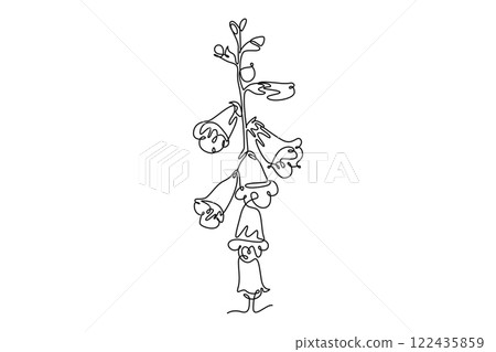 Continuous one line drawing beauty fresh foxglove for garden logo. Decorative digitalis purpurea flower concept for home wall decoration poster art. Single line draw design vector graphic illustration 122435859