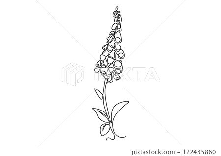 Continuous one line drawing beauty fresh foxglove for garden logo. Decorative digitalis purpurea flower concept for home wallpaper decor art print. Single line draw design vector graphic illustration 122435860
