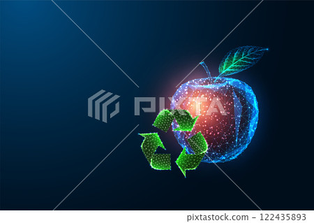 Food waste management concept with futuristic wireframe apple and recycling symbol on dark blue  122435893
