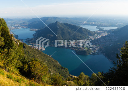 Panoramic view of lakes and surrounding mountains near town of Lecco Panoramic view of lakes and surrounding mountains near town of Lecco 122435928