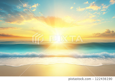 Beautiful Top View of Turquoise Water Waves at Sunrise with Soft Clouds in the Background 122436190
