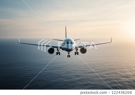 Airplane Flying Above Dramatic Clouds During Sunset Over Calm Ocean Waters with Scenic Horizon Airplane Flying Above Dramatic Clouds During Sunset Over Calm Ocean Waters with Scenic Horizon 122436208