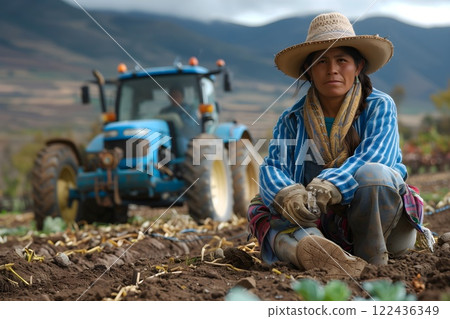 Woman Hispanic farmer on his plantation in Mexico, sorrowful farmer on a sunny day 122436349