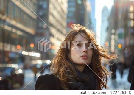 Close up portrait of laughing brunette girl city background. Concept travel woman. 122436368