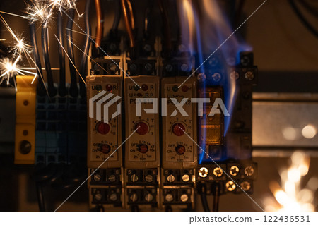 Electrical Panel with Sparks and Flames 122436531