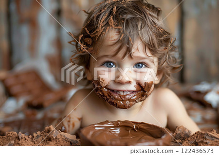 Baby with face covered in chocolate. Portrait of adorable small baby girl eating chocolate. Background with copy space. 122436573