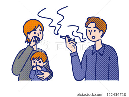 Illustration of a man smoking a cigarette and his family exposed to secondhand smoke Illustration of a man smoking a cigarette and his family exposed to secondhand smoke 122436718