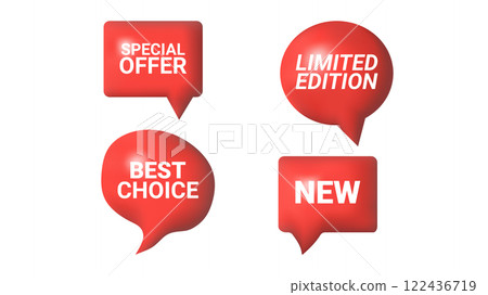 3D speech bubbles different shapes message icon. Red color with text. For social media advertising posters. Vector isolated set. 3D speech bubbles different shapes message icon. Red color with text. For social media advertising posters. Vector isolated set. 122436719