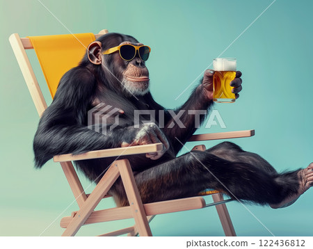 A monkey is sitting in a chair with a beer in his hand 122436812