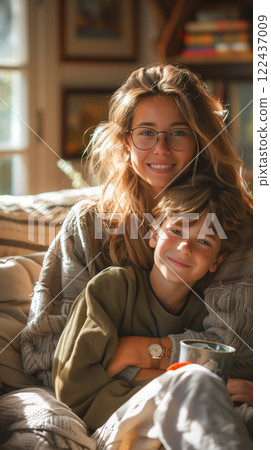 A woman and a boy are sitting on a couch, both smiling 122437009