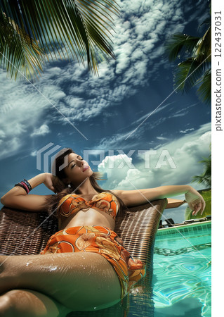 A woman in a bikini is laying in a wicker chair by a pool 122437031