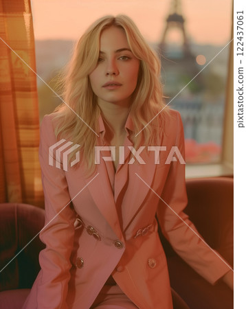 A blonde woman is sitting on a couch in a pink jacket A blonde woman is sitting on a couch in a pink jacket 122437061
