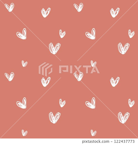 White love heart on pink peachy background. Hand drawn abstract seamless trendy pattern. Sketch love wallpaper White love heart on pink peachy background. Hand drawn abstract seamless trendy pattern. Sketch love wallpaper 122437773
