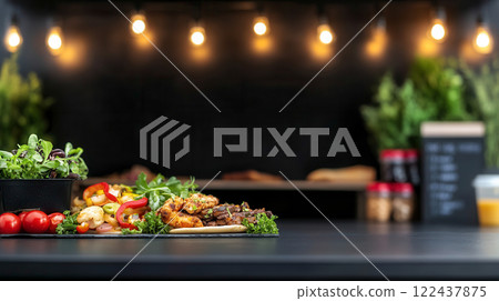 Colorful Mixed Dish of Grilled Shrimp and Meat on a Black Table Colorful Mixed Dish of Grilled Shrimp and Meat on a Black Table 122437875