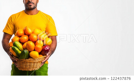 Man in Bright Shirt Holding a Basket Full of Fresh Citrus Fruits Man in Bright Shirt Holding a Basket Full of Fresh Citrus Fruits 122437876