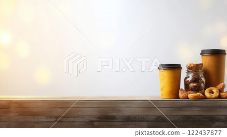 Warm Cup of Coffee and Delicious Pastries on Wooden Table Warm Cup of Coffee and Delicious Pastries on Wooden Table 122437877