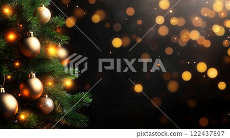 Festive Christmas Tree with Golden Ornaments and Blurry Background 122437897