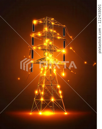 Brightly Lit Electric Tower with Glowing Lights and Dark Background 122438001