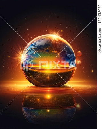 Stunning Globe with Energetic Glow and Reflections in Dark Space 122438083