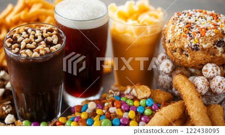 Assorted Delicious Treats and Refreshing Beverages on Table 122438095