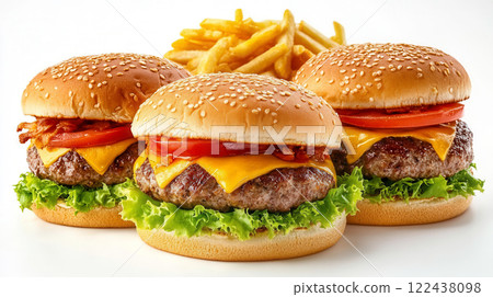 Three Delicious Cheeseburgers with Crispy Fries on a White Background 122438098