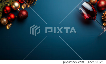 Festive Holiday Table Setting with Wine Glass and Christmas Ornaments 122438125