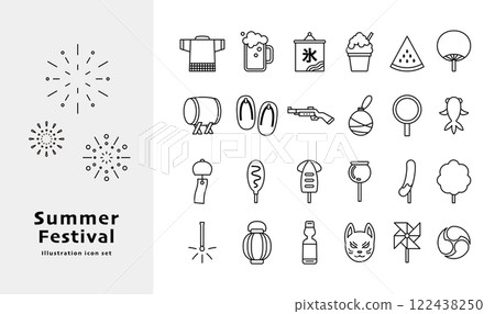 Summer festival item illustration set variation icon line drawing simple vector decoration black and white Summer festival item illustration set variation icon line drawing simple vector decoration black and white 122438250