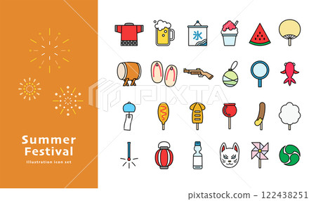 Summer festival item illustration set variation icon line drawing simple vector decoration colorful Summer festival item illustration set variation icon line drawing simple vector decoration colorful 122438251