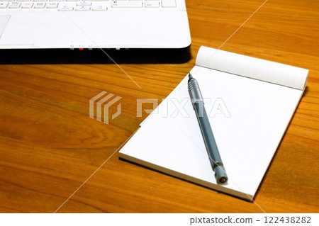 Educational image: Desk work, computer and writing utensils 122438282
