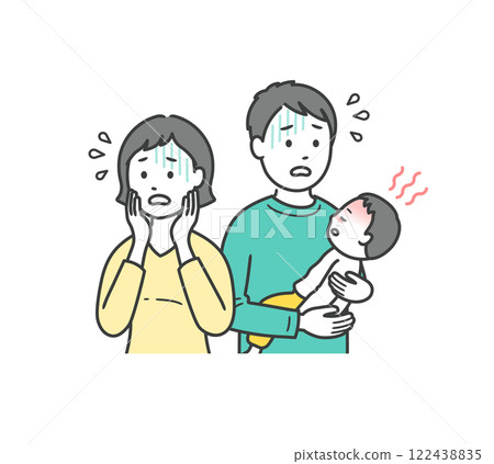 A young father is anxious as he holds his child who has suddenly developed a fever, and his mother is in a panic. 122438835