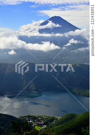 Mt. Fuji and Lake Saiko seen from Mount Setsugatake in the Misaka Mountains in summer 122438951