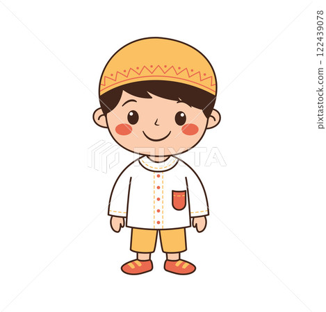 Happy Cute Muslim Kid Boy Cartoon Character Wearing Islamic Traditional Clothes Happy Cute Muslim Kid Boy Cartoon Character Wearing Islamic Traditional Clothes 122439078