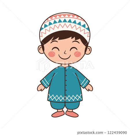 Happy Cute Muslim Kid Boy Cartoon Character Wearing Islamic Traditional Clothes Happy Cute Muslim Kid Boy Cartoon Character Wearing Islamic Traditional Clothes 122439090