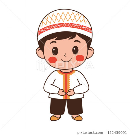 Happy Cute Muslim Kid Boy Cartoon Character Wearing Islamic Traditional Clothes Happy Cute Muslim Kid Boy Cartoon Character Wearing Islamic Traditional Clothes 122439091