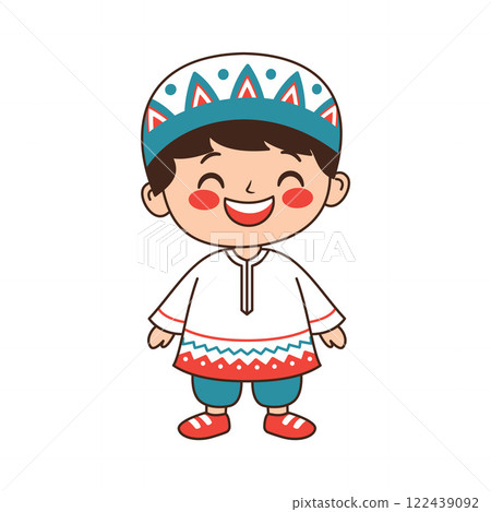 Happy Cute Muslim Kid Boy Cartoon Character Wearing Islamic Traditional Clothes Happy Cute Muslim Kid Boy Cartoon Character Wearing Islamic Traditional Clothes 122439092