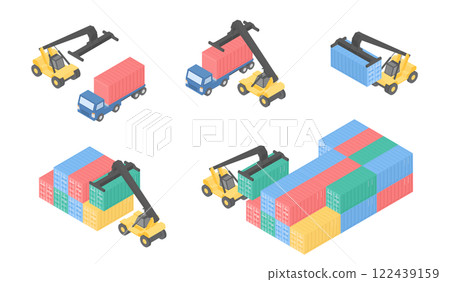 Illustration set of reach stacker transporting containers 122439159