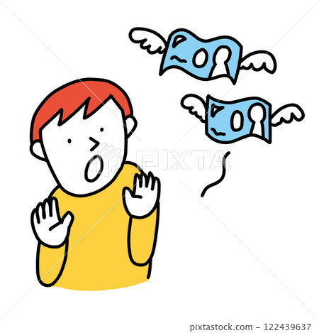 Illustration of a person surprised by money growing wings and flying away 122439637