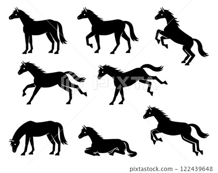馬剪影插圖集（站立，行走，奔跑，跳躍，踢腿，吃草，坐） 122439648