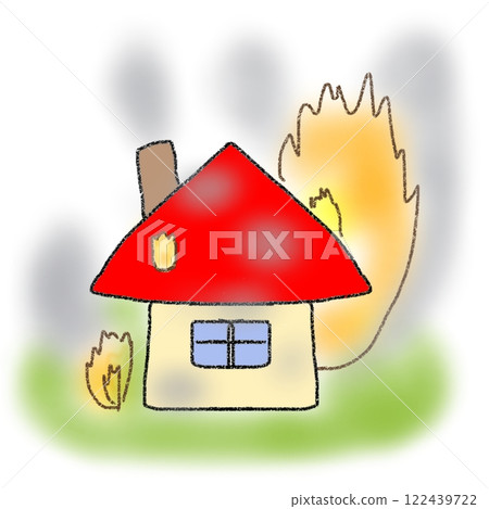 Illustration of a house with a red roof burning in a fire 122439722
