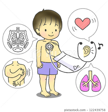 Illustration of a child undergoing a medical examination during a regular school health check Illustration of a child undergoing a medical examination during a regular school health check 122439758