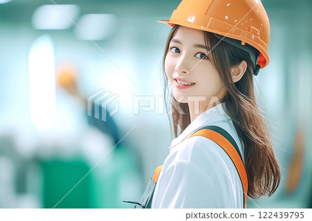 "AI-generated image" of a smiling beautiful woman wearing work clothes 122439795