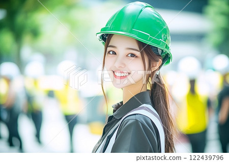 "AI-generated image" of a smiling beautiful woman wearing work clothes 122439796